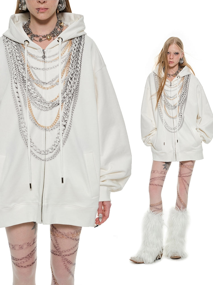 Black & White Oversized Chain Print Hoodie Cardigan - CHINASQUAD
