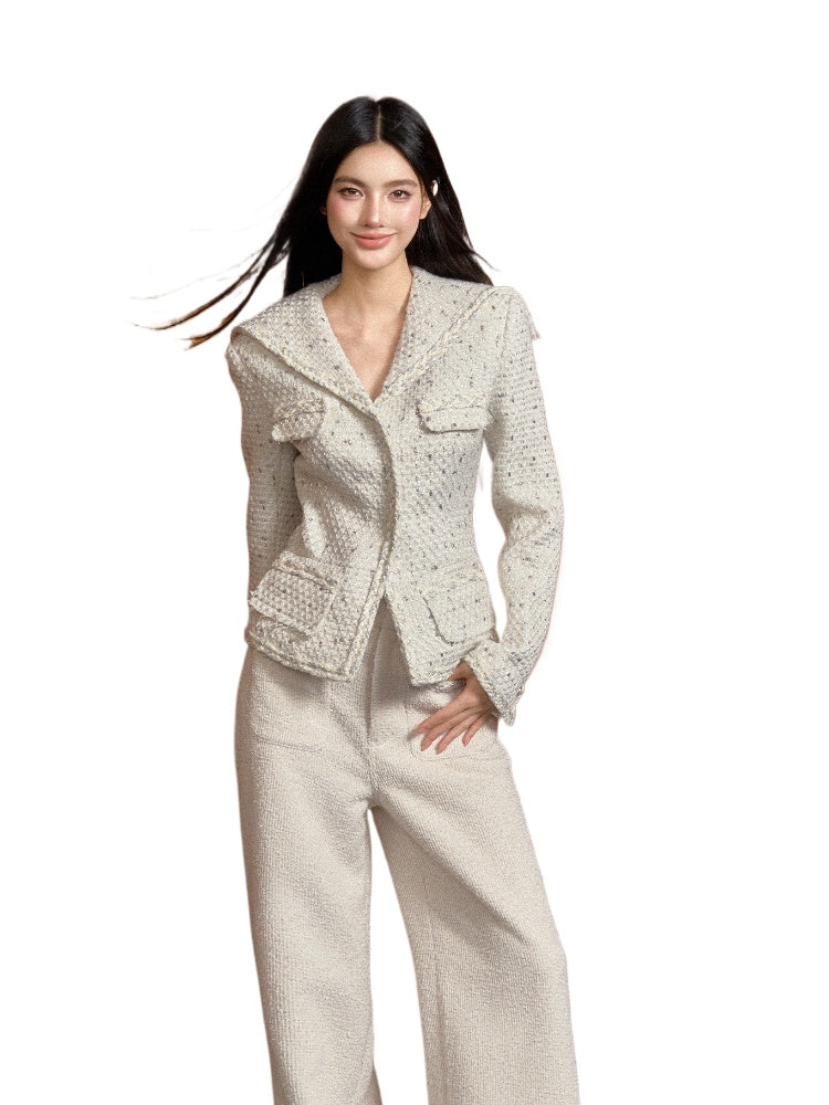 Navy Collar White Tweed Jacket - CHINASQUAD