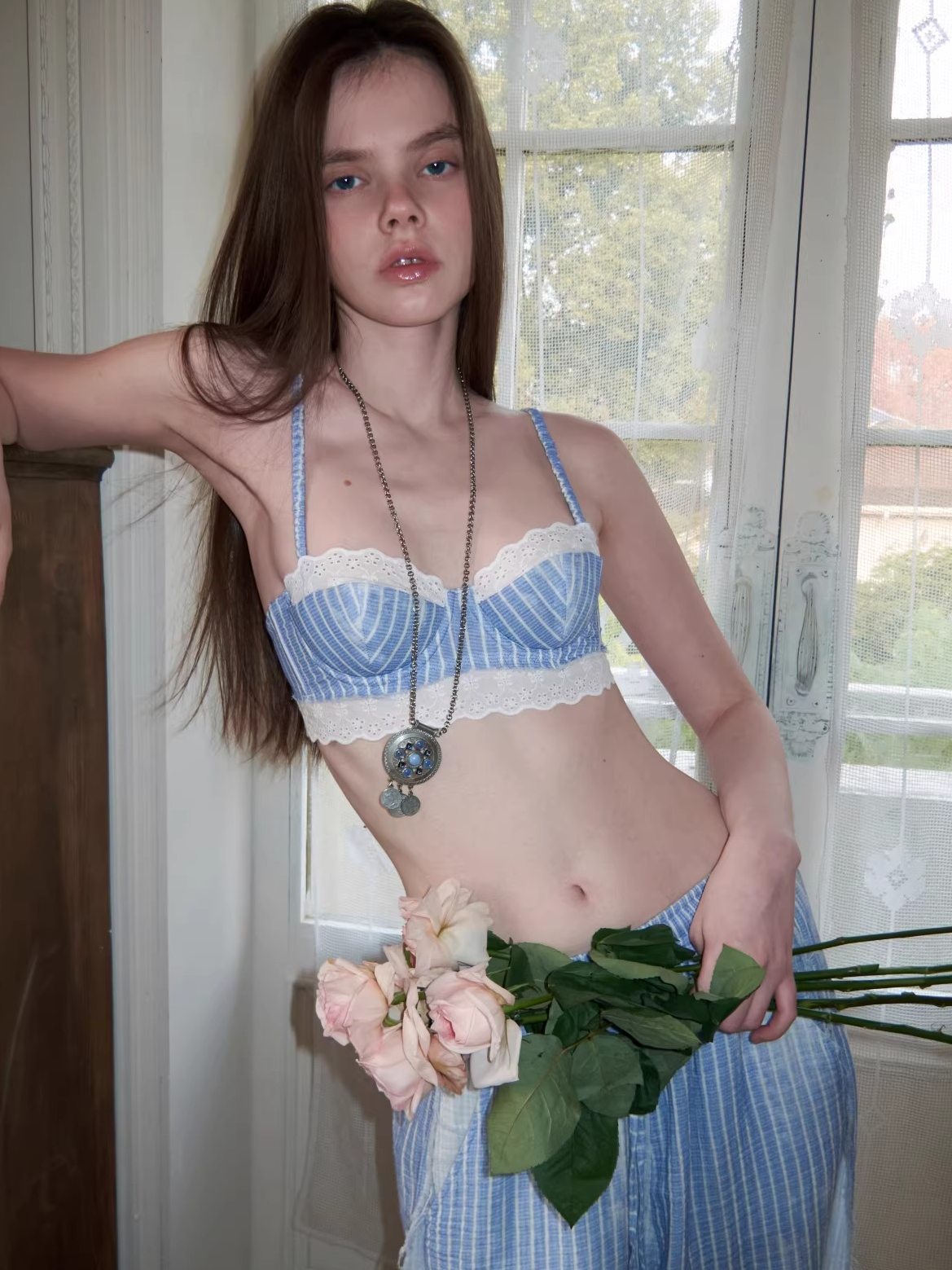 Washed Blue Stripe Shirt / Straight Pants / Corset Set
