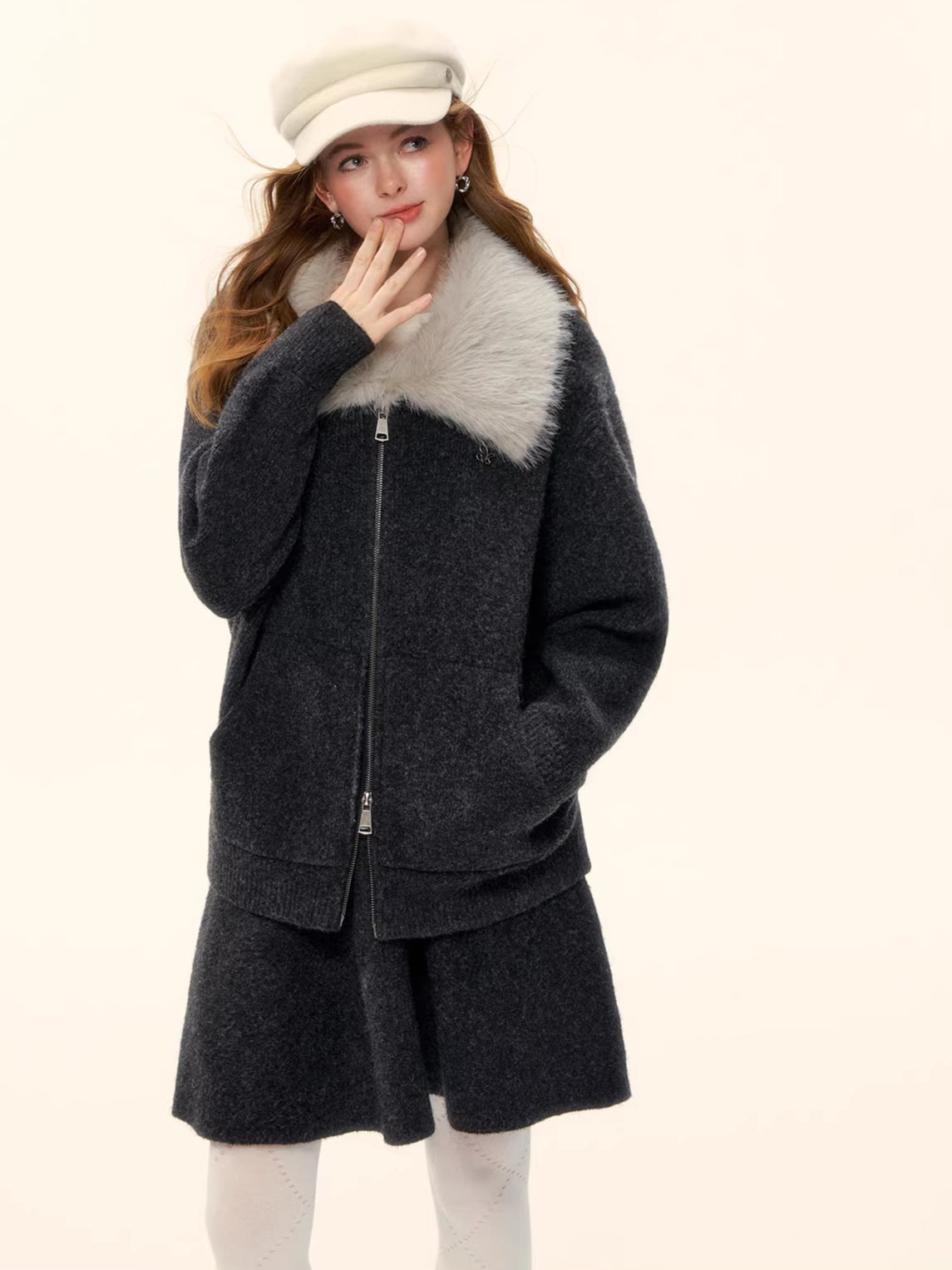 Wool-Blend Zip-Up Knit Jacket