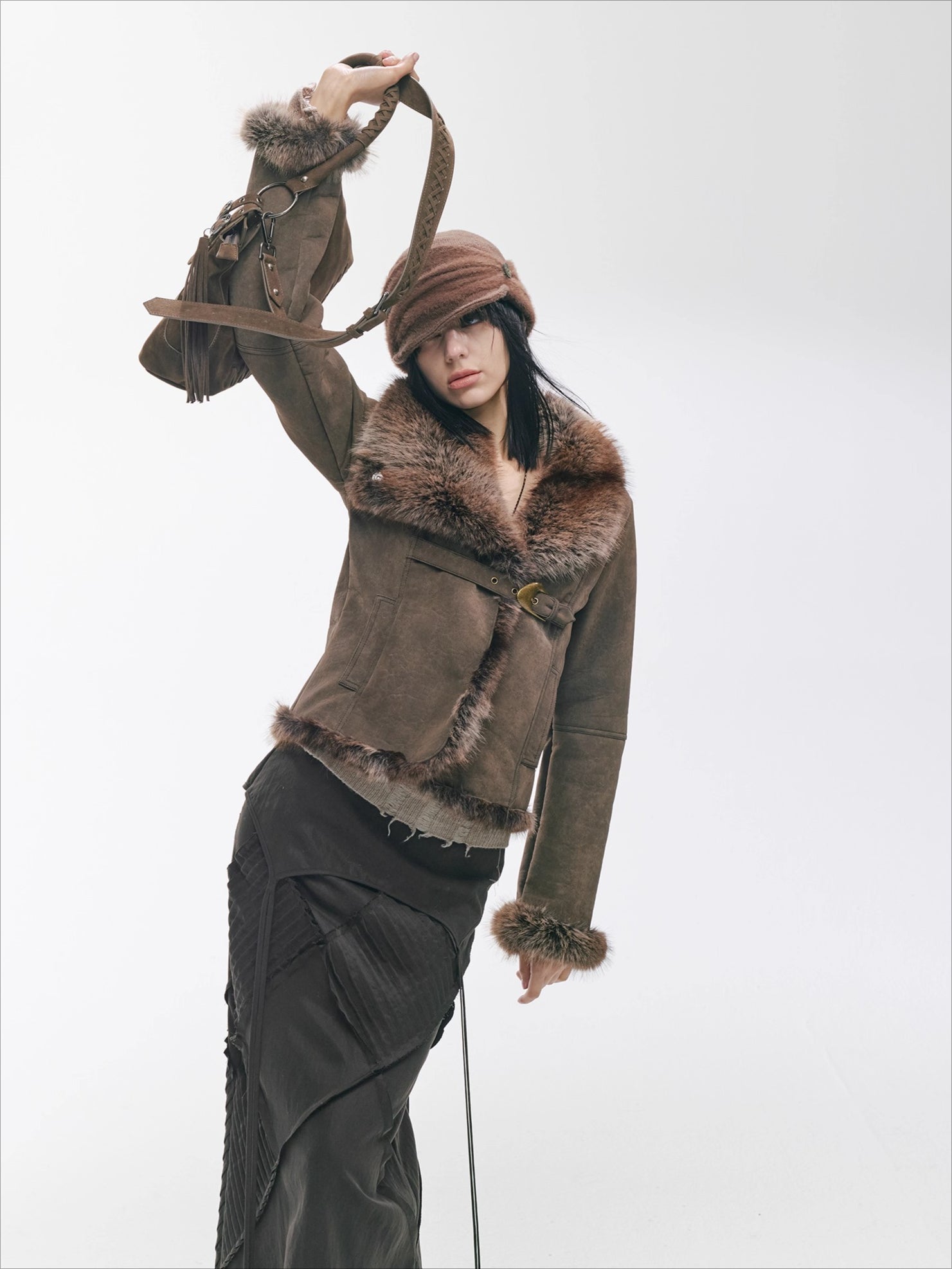 Vintage Asymmetric Shearling-Effect Suede Jacket