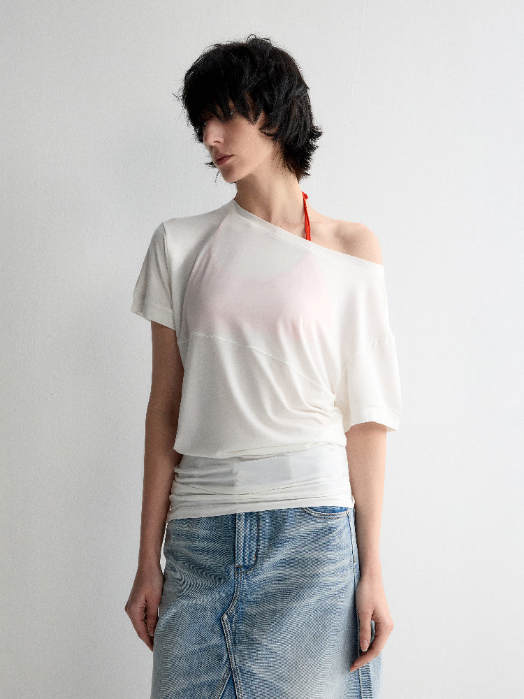 One-Shoulder Pleated Waist T-shirt - CHINASQUAD