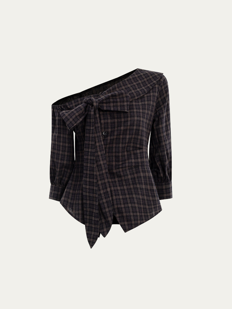 Checkered Bow One-Shoulder Asymmetric Waist-Cinching Shirt - CHINASQUAD
