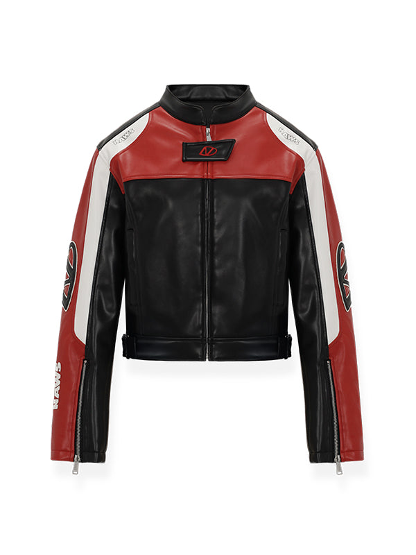 (Final Sale) Embroidered Zip Short Contrast-Color Moto Jacket - CHINASQUAD