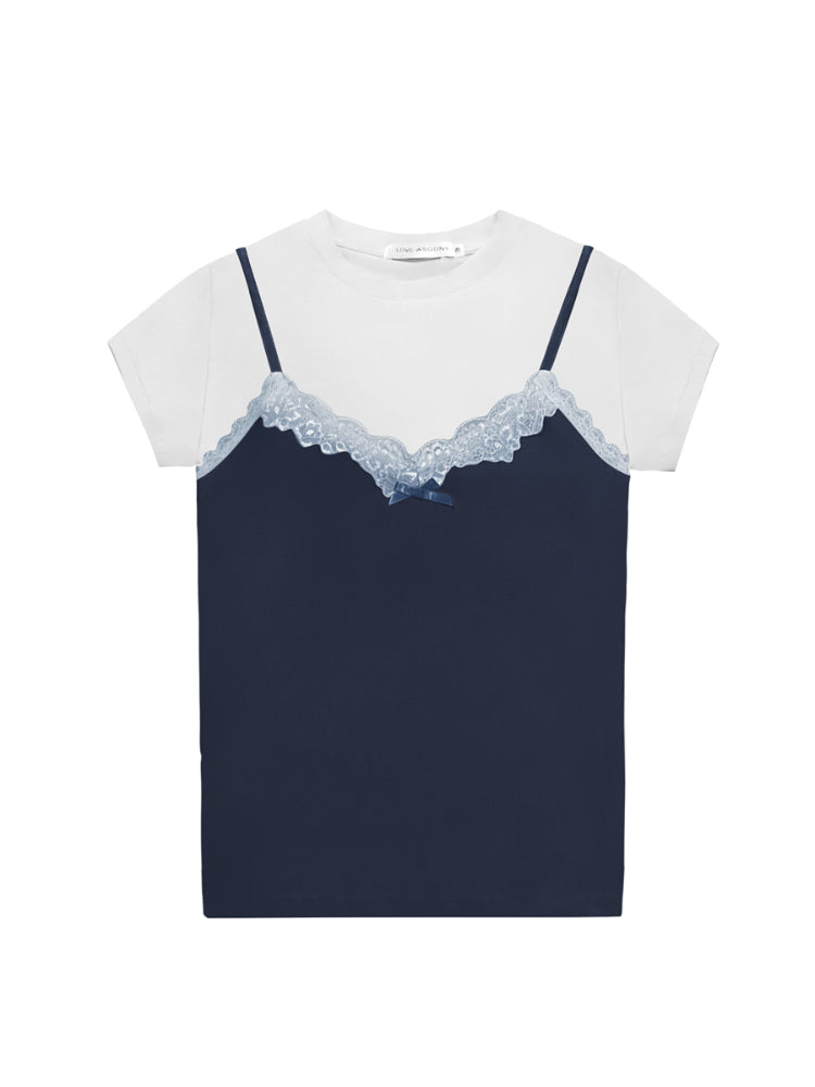Fake Two Piece Lace Bow Short-Sleeve T-shirt - CHINASQUAD