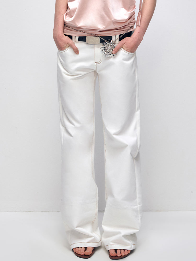White Patchwork Leopard Print Straight-Leg Denim Pants - CHINASQUAD