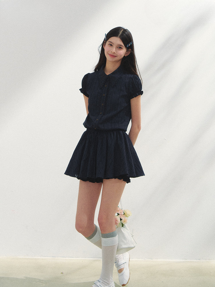 Navy Blue Waist-cinching Dress - CHINASQUAD