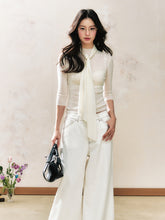 White Tie-Collar Knit Top Pullover Base - CHINASQUAD