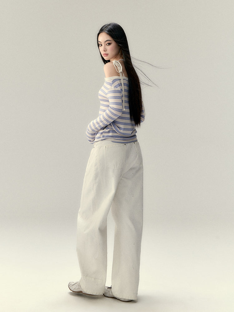 Tie-Button Off-Shoulder Long-Sleeve T-shirt - CHINASQUAD