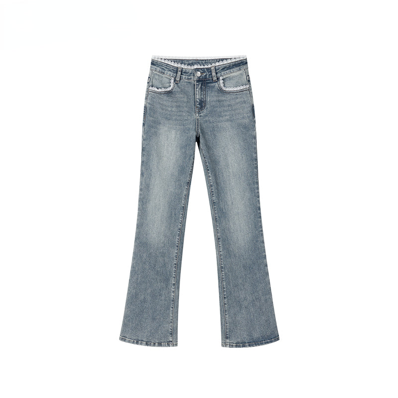 Light Blue Lace Patchwork Embroidered Jeans - CHINASQUAD
