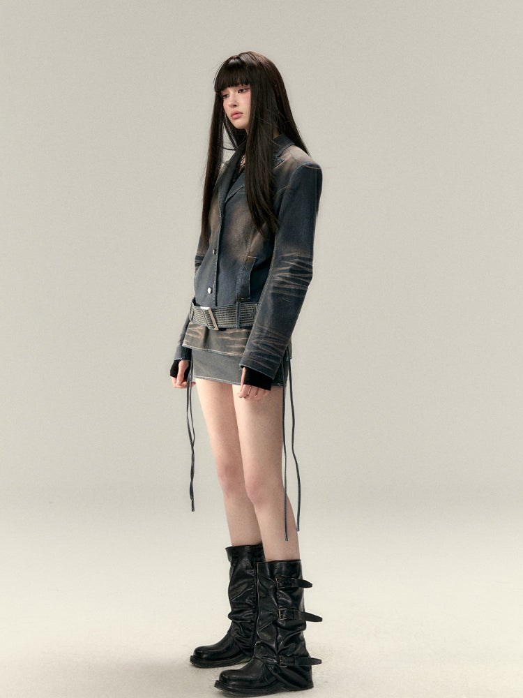 Wide Waist Belt Denim Blazer - CHINASQUAD