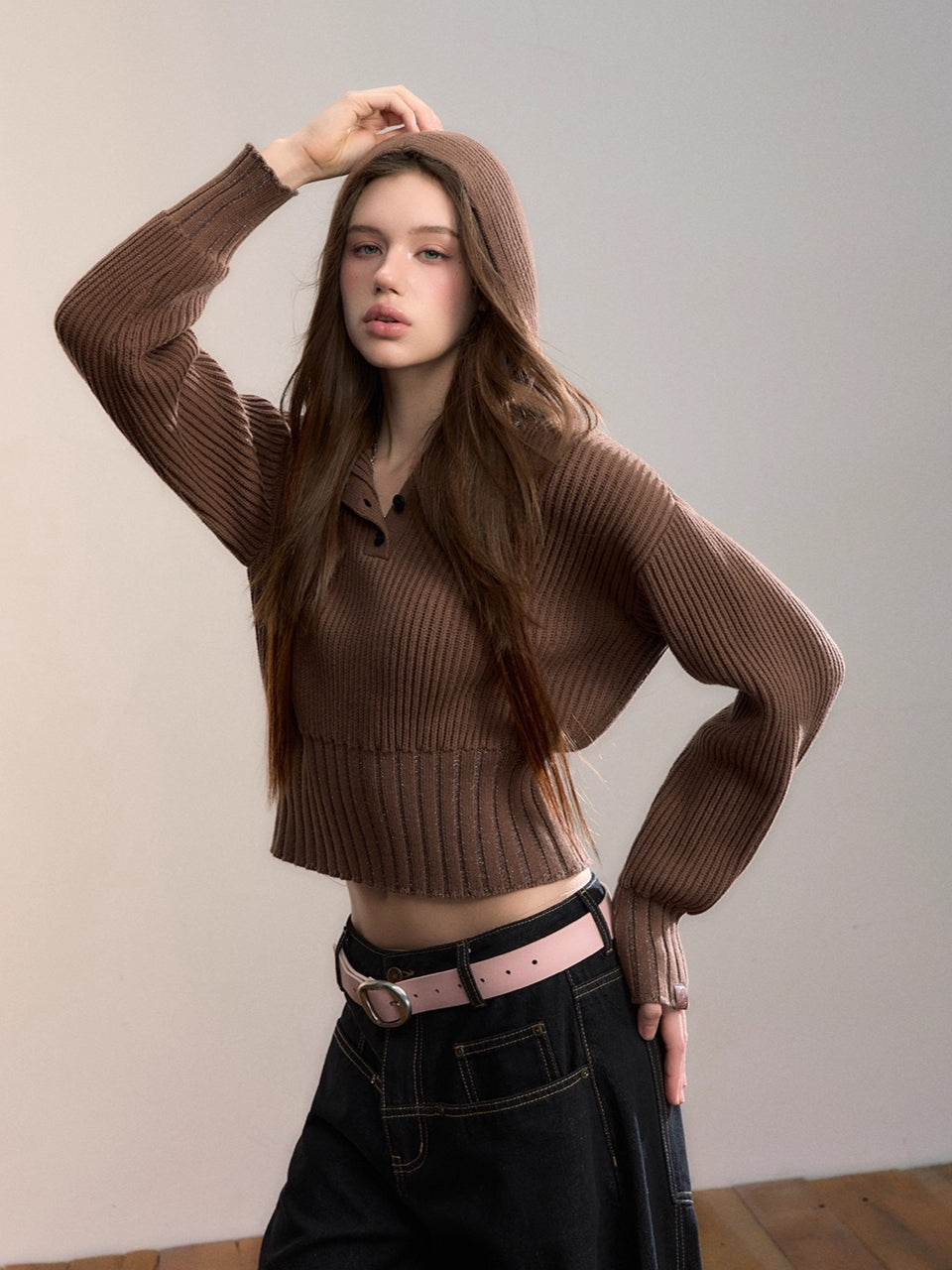 Ribbed Hooded Knit Pullover Sweater