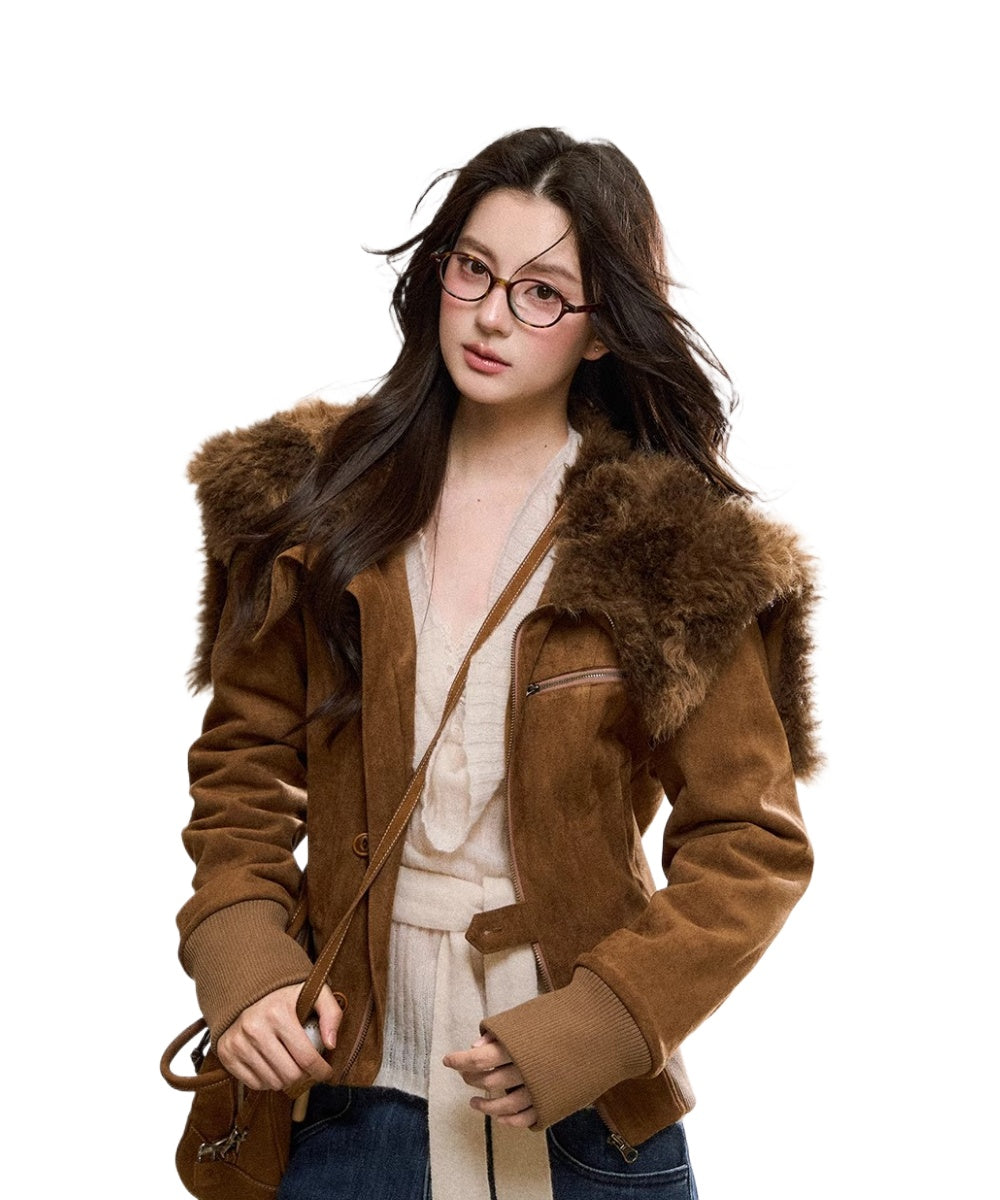 Mahogany Faux Fur Collar Suede Cropped Jacket - CHINASQUAD