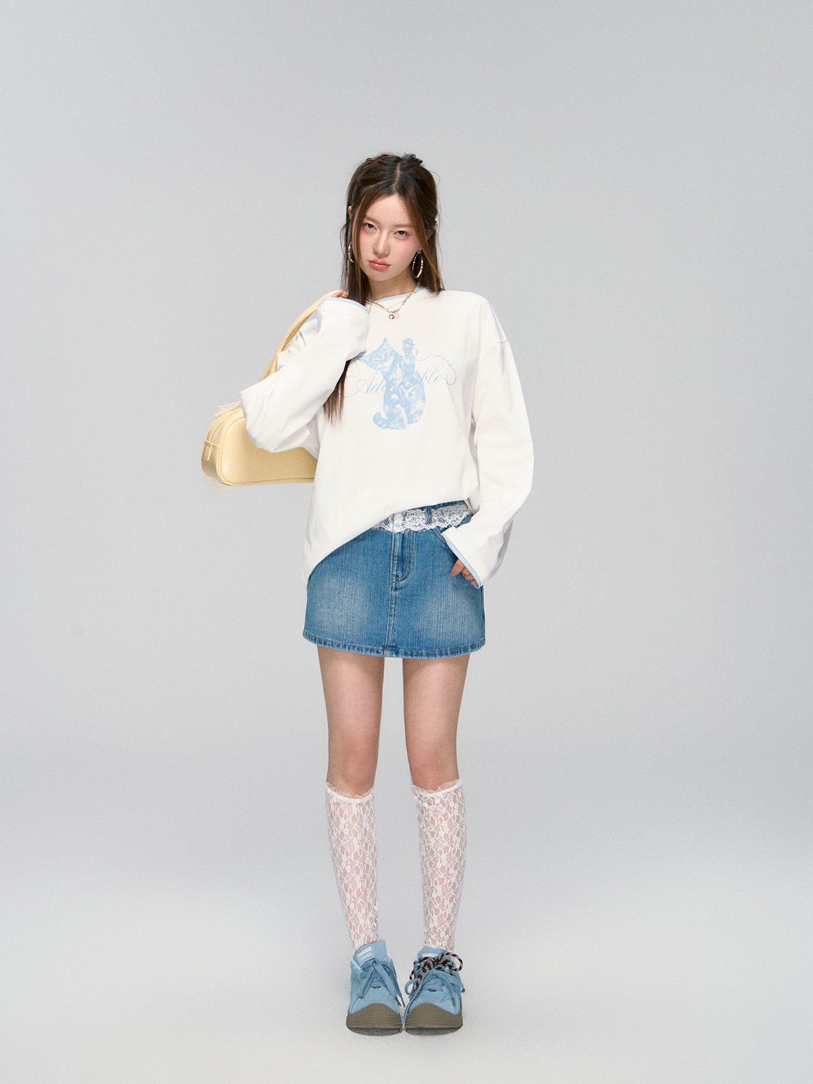 Blue Lace-Trim Denim Skirt - CHINASQUAD