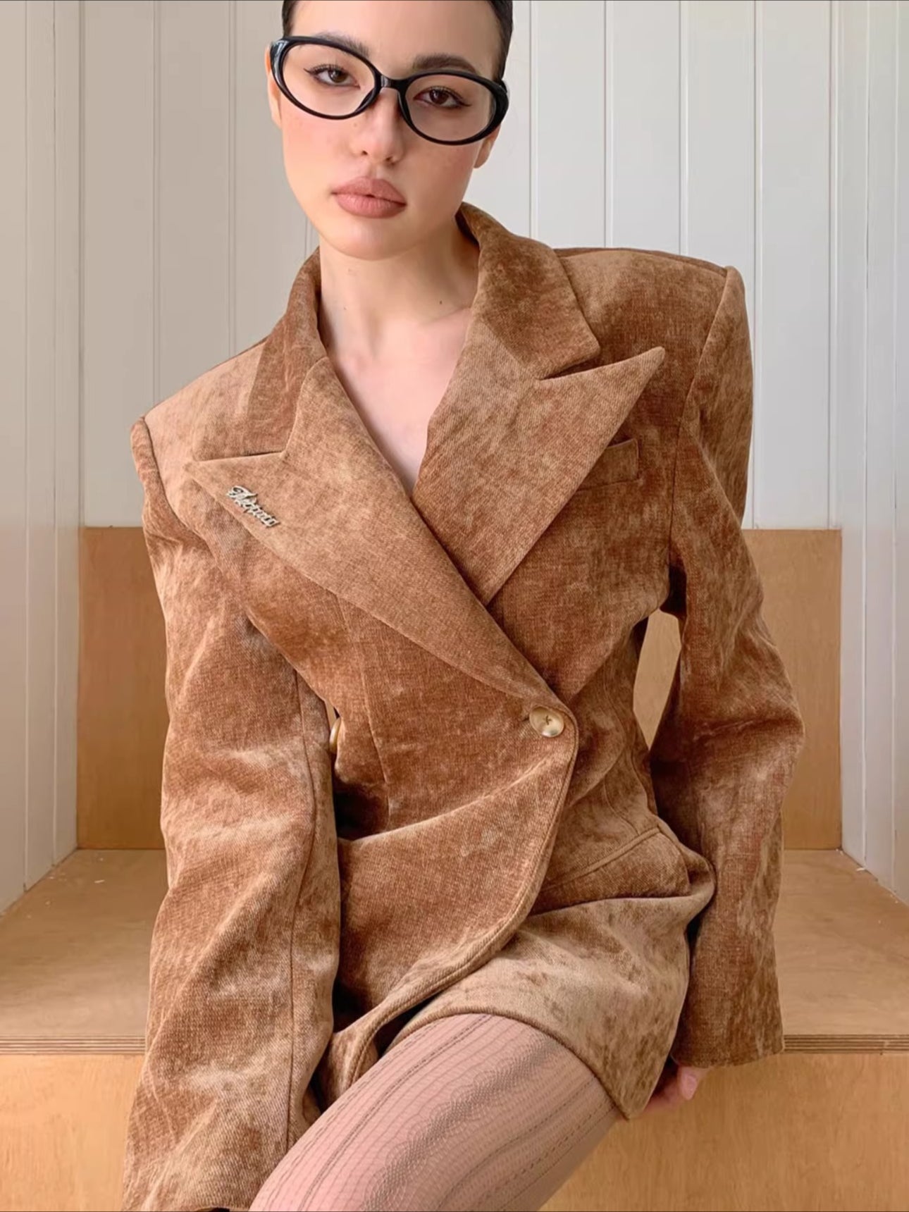 Waist-Cinched Power-Shoulder Blazer