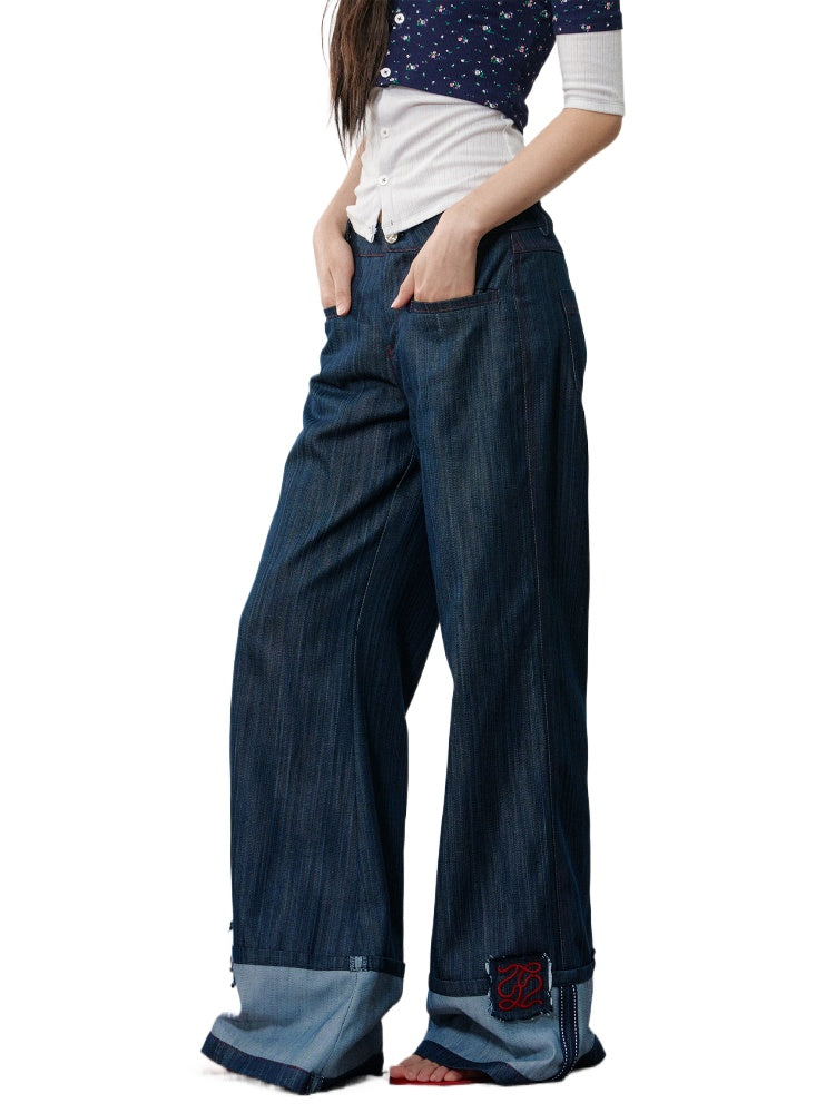 Applique Embroidered Cuffed Color - Block Jeans - CHINASQUAD