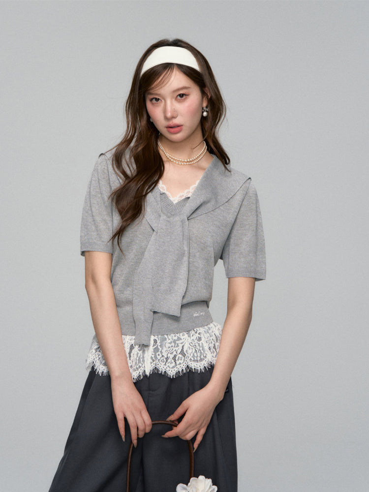 Lace Spliced V-Neck Knitted T-Shirt - CHINASQUAD