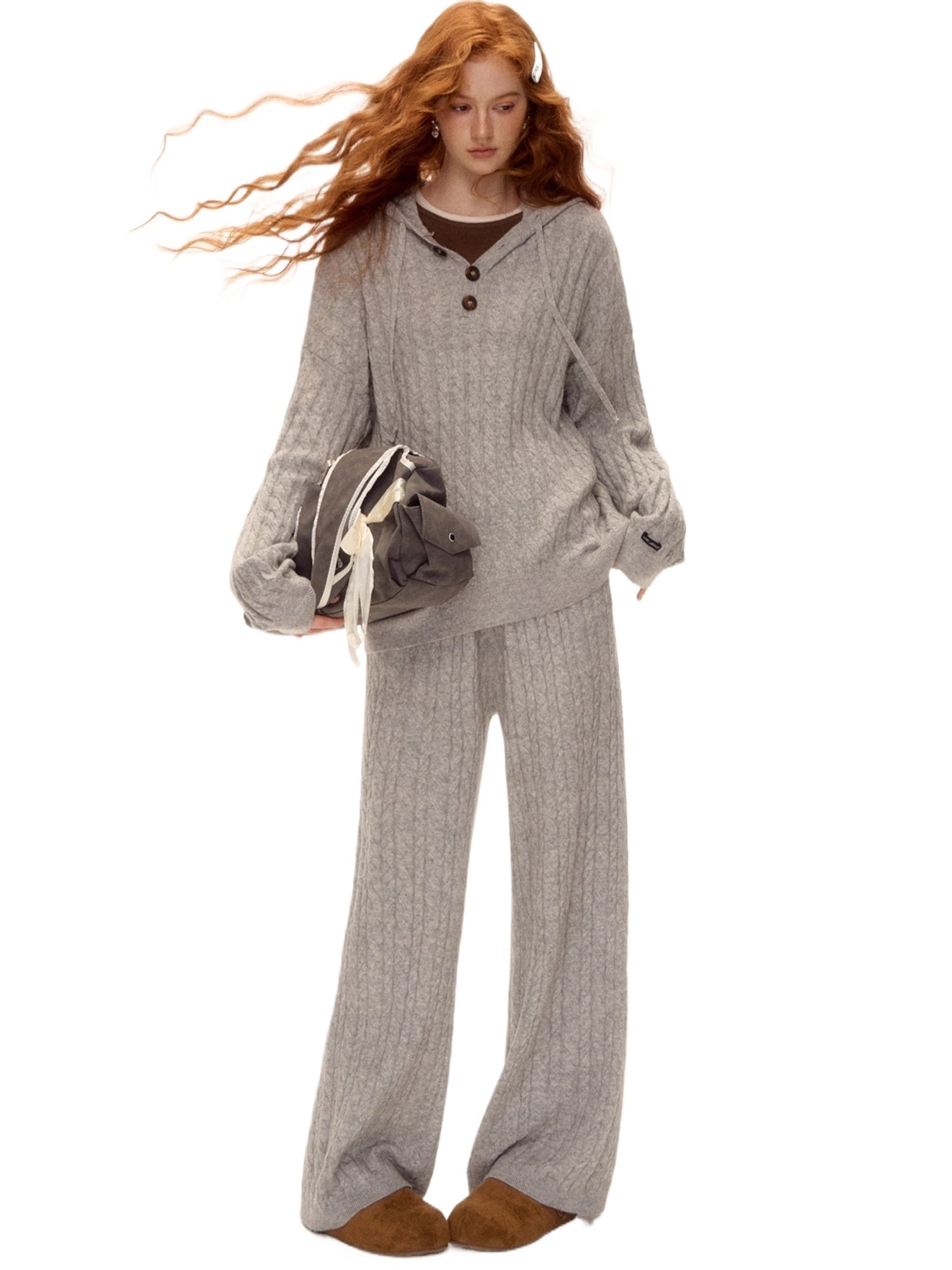 Wool Blend Cable Knit Hoodie & Wide-Leg Pants Set