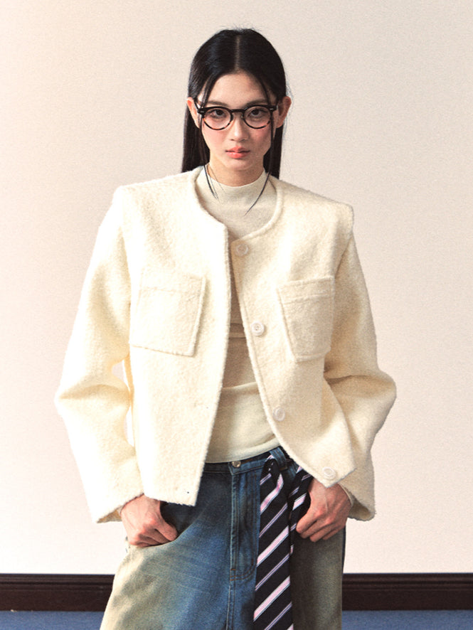 White Crewneck Elegant Chanel-Style Jacket - CHINASQUAD