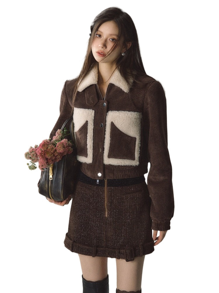 Brown Faux Fur Patchwork Short Jacket - CHINASQUAD