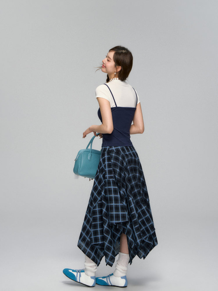 Irregular Navy Blue Checked Midi Skirt - CHINASQUAD