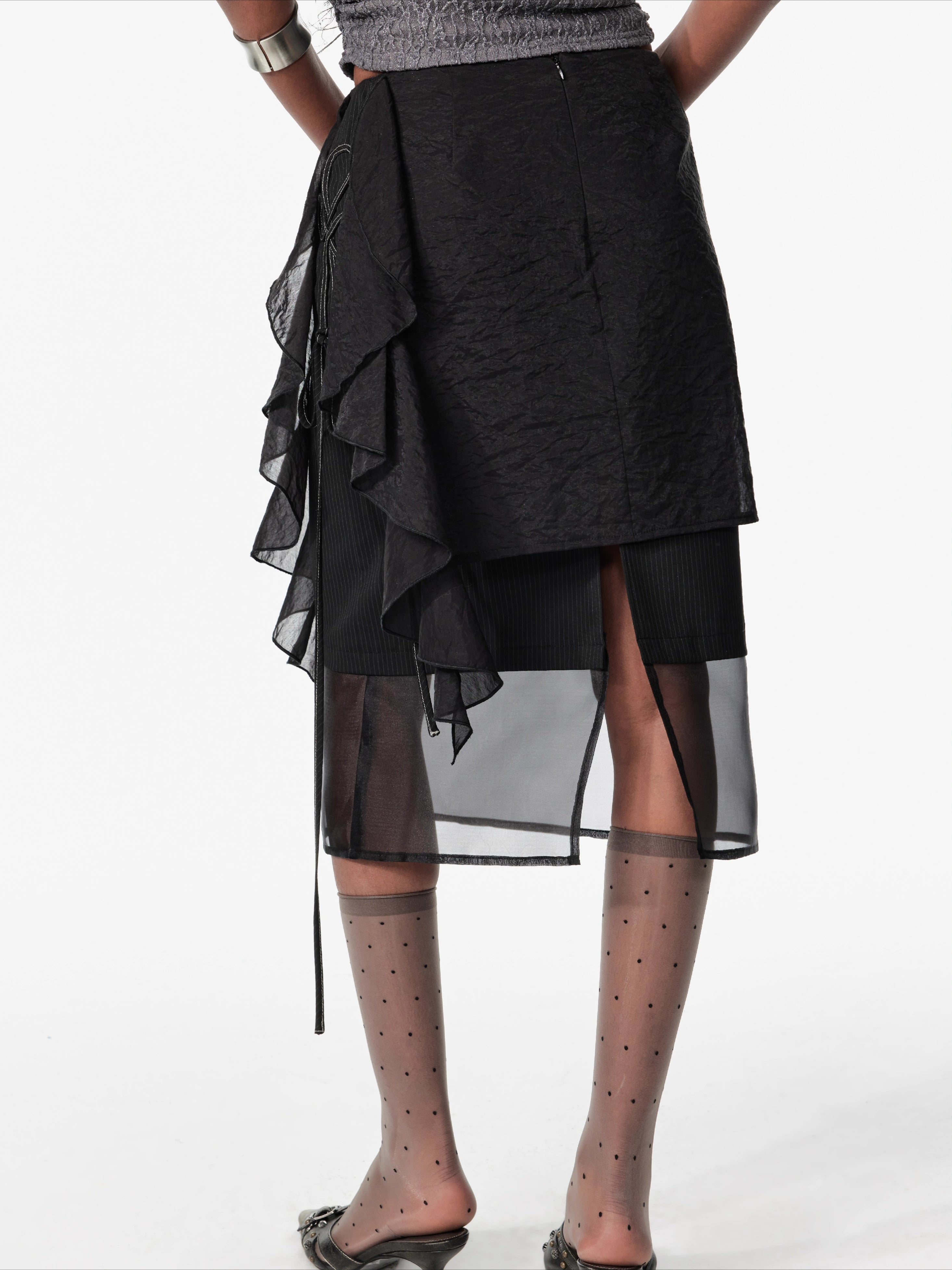 Layered Mesh Tie-Up Midi Skirt - CHINASQUAD