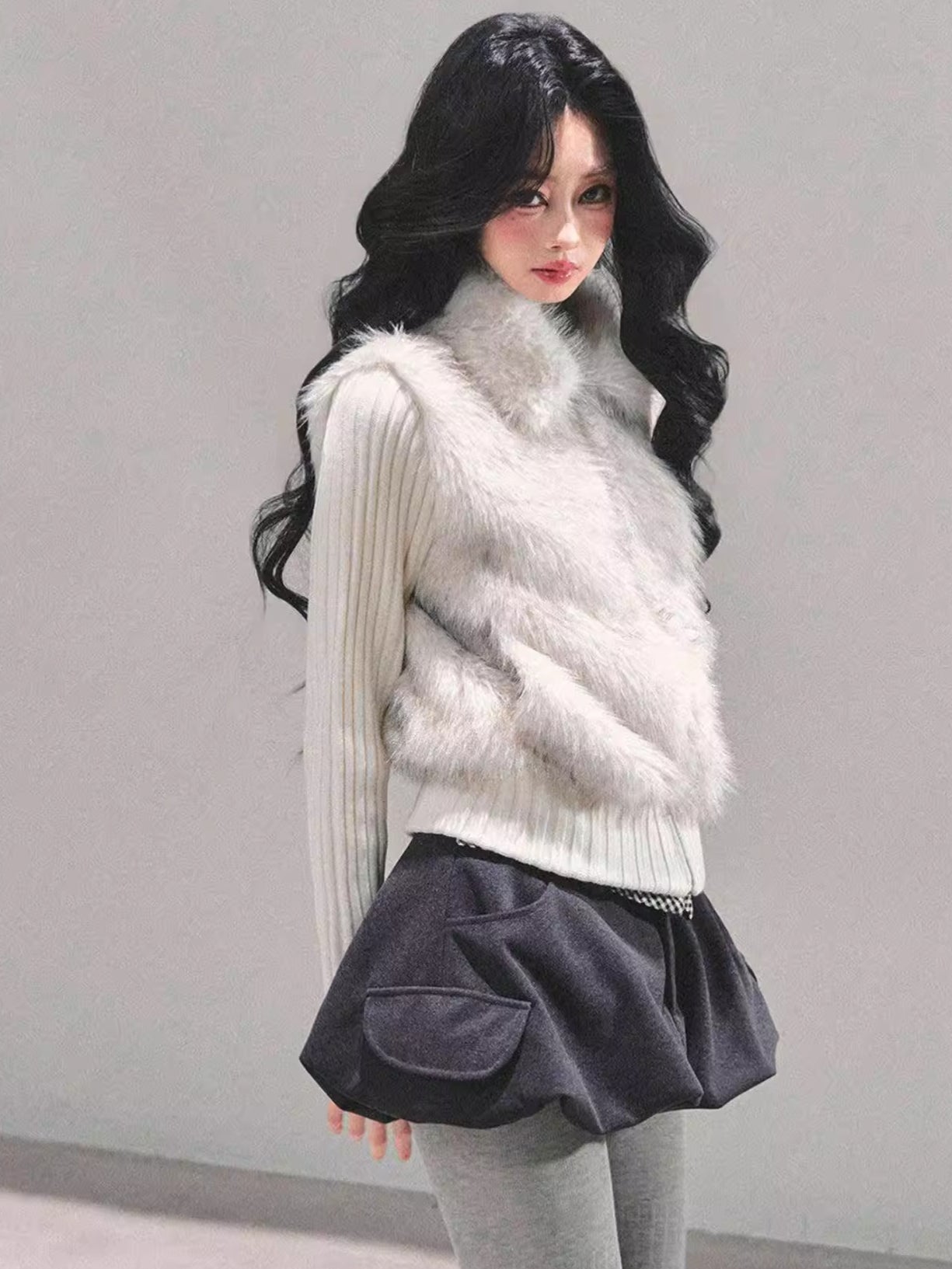 Faux Two-Piece Eco Fur Knit Jacket