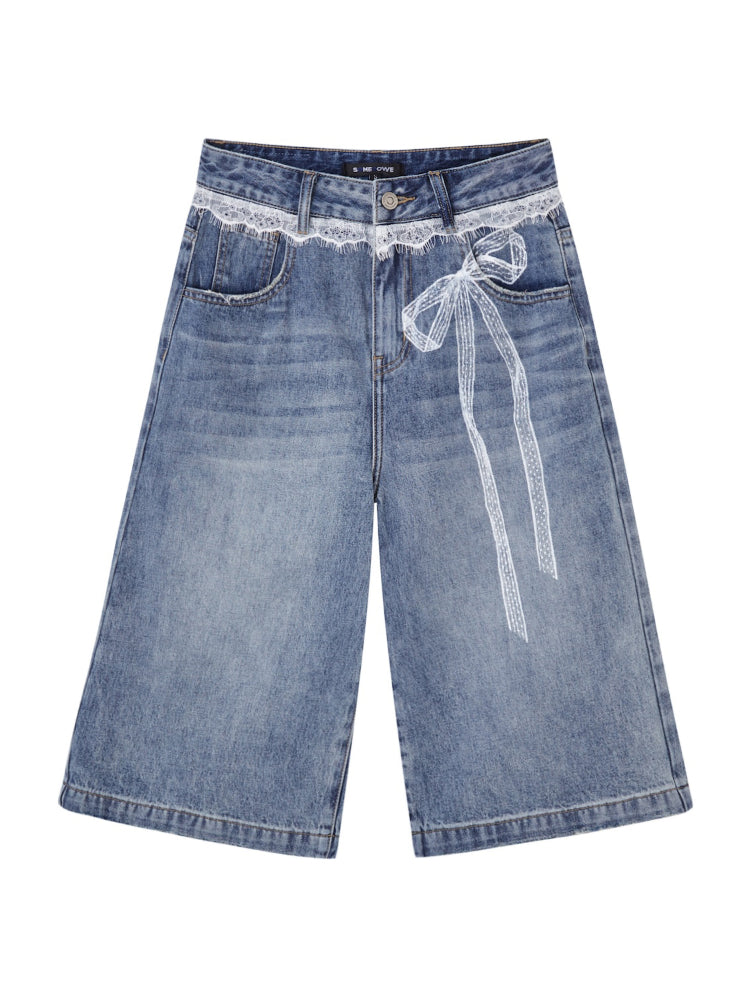 Imitation-Lace Printed High-Waist Denim Mid-Length Pants - CHINASQUAD