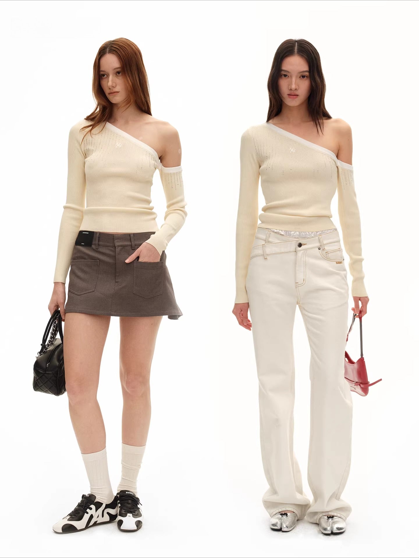 Asymmetric Off-Shoulder Sculpt Knit Crewneck