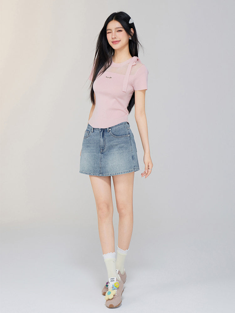 Hollow-out Tie-up Knit Round Neck Short Sleeve Top - CHINASQUAD
