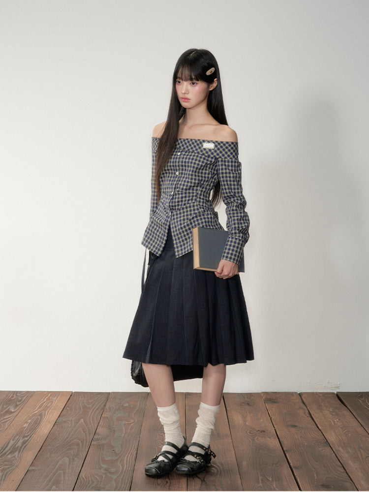 One-Shoulder Waist-Cinching Checked Shirt - CHINASQUAD