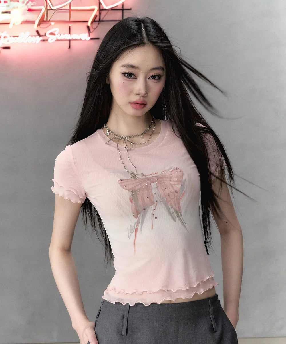 Pink & Black Bow Print Round Neck Short Sleeve - CHINASQUAD