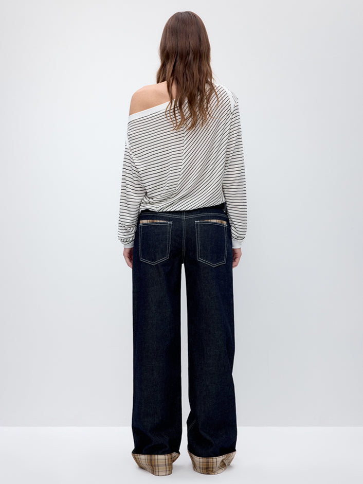 Blue Plaid Patchwork Straight-Leg Jeans - CHINASQUAD