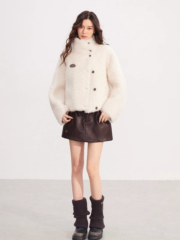 Shearling-Trim Stand-Collar Cropped Jacket