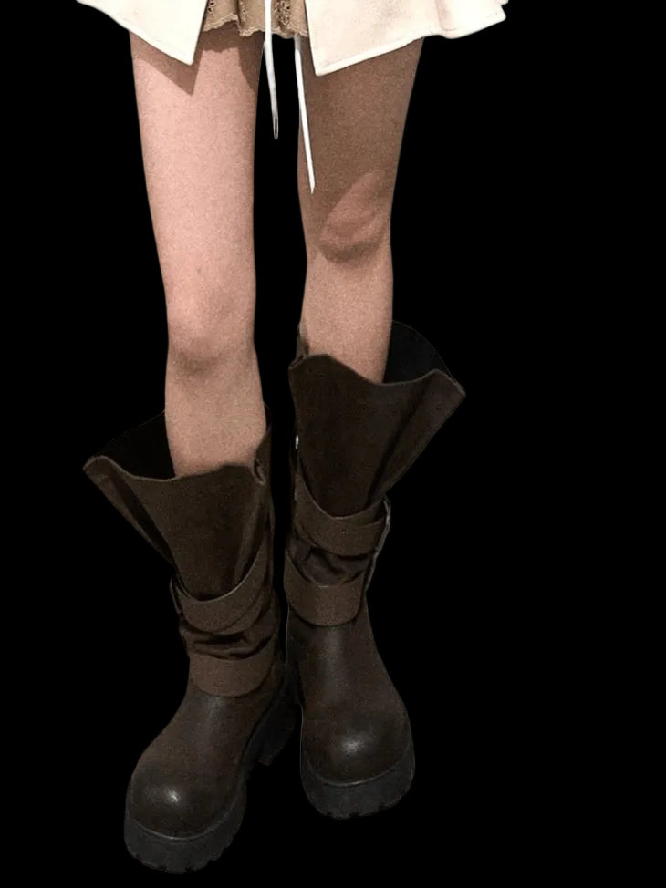 Vintage Petal-Tie Mid-Calf Leather Boots