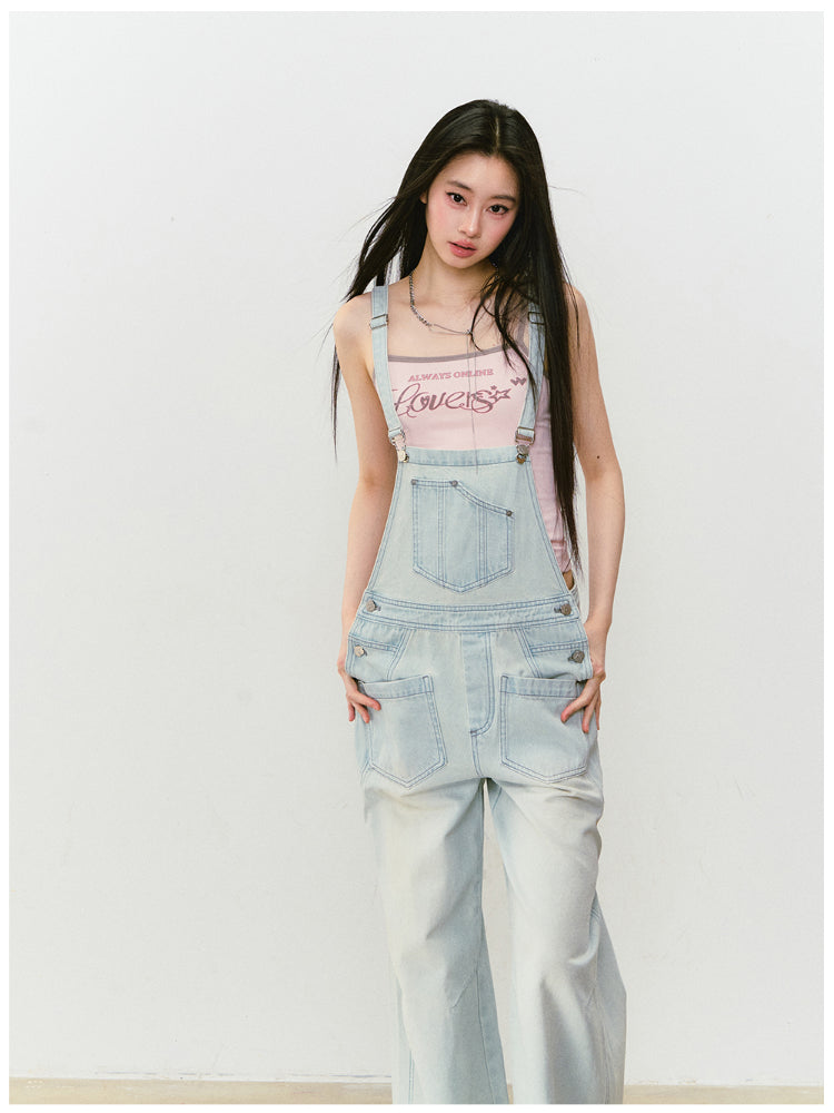 Washed Light Blue Denim Overalls - CHINASQUAD