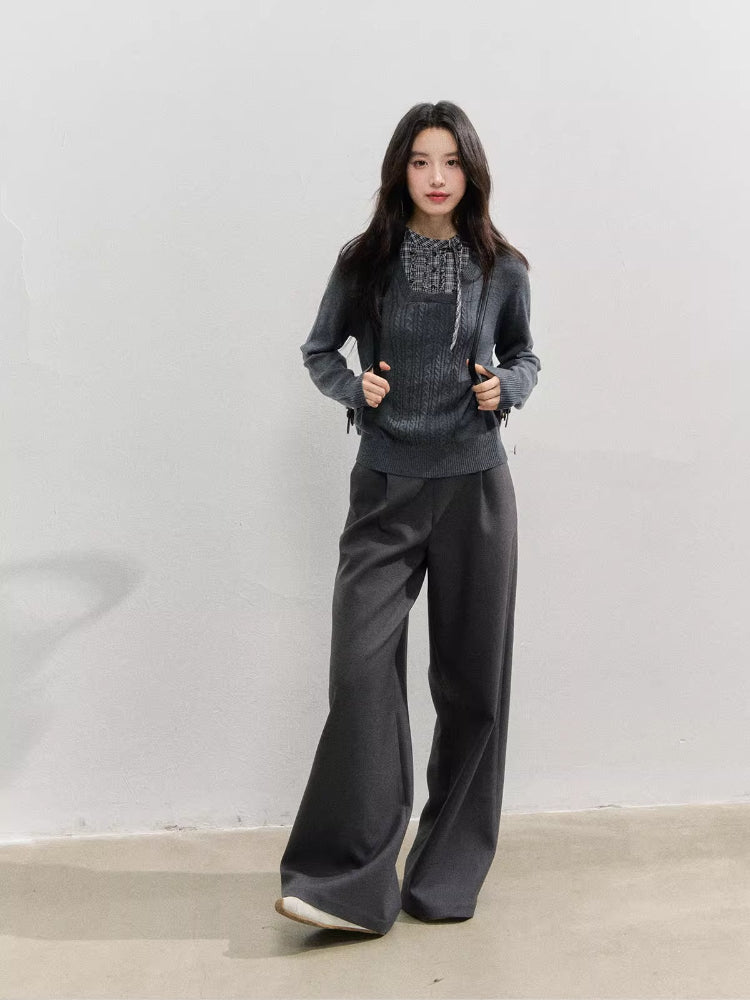 Plaid Panel Fold-Over Waist Straight Pants