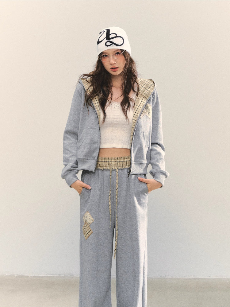 Plaid Appliqué Embroidery Zip-up Hoodie