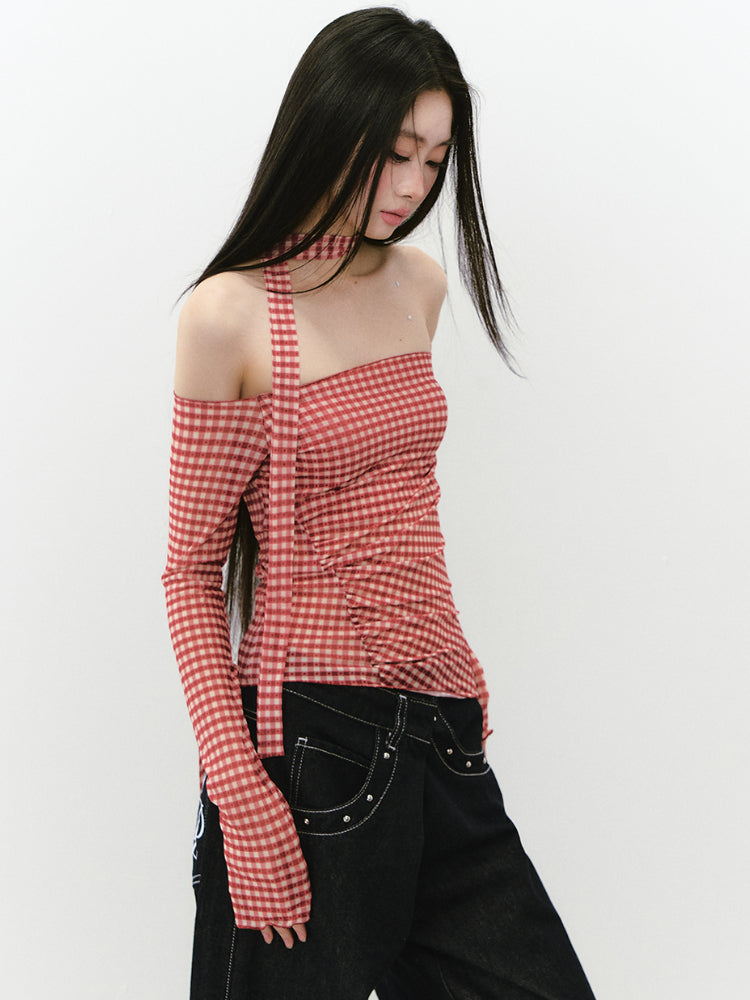 Plaid Mesh Ribbon Sunshade Long Sleeve T-shirt - CHINASQUAD