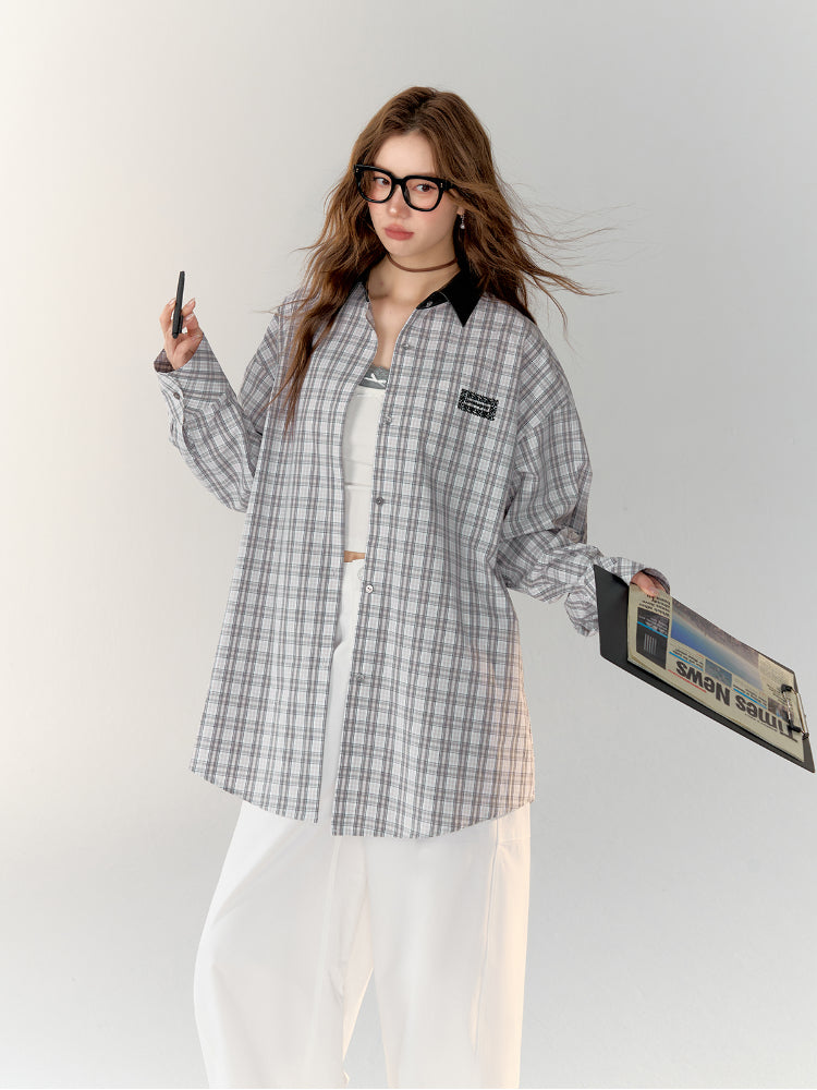 Leather Collar Embroidered Lace Plaid Shirt - CHINASQUAD