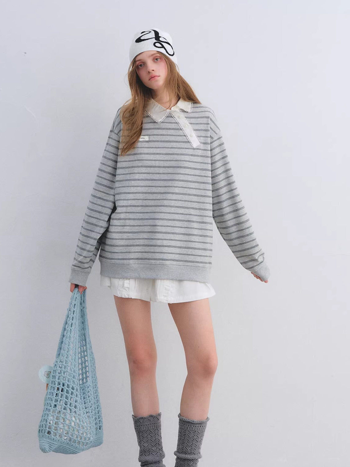 Placket Ruffle Collar Striped Sweatshirt