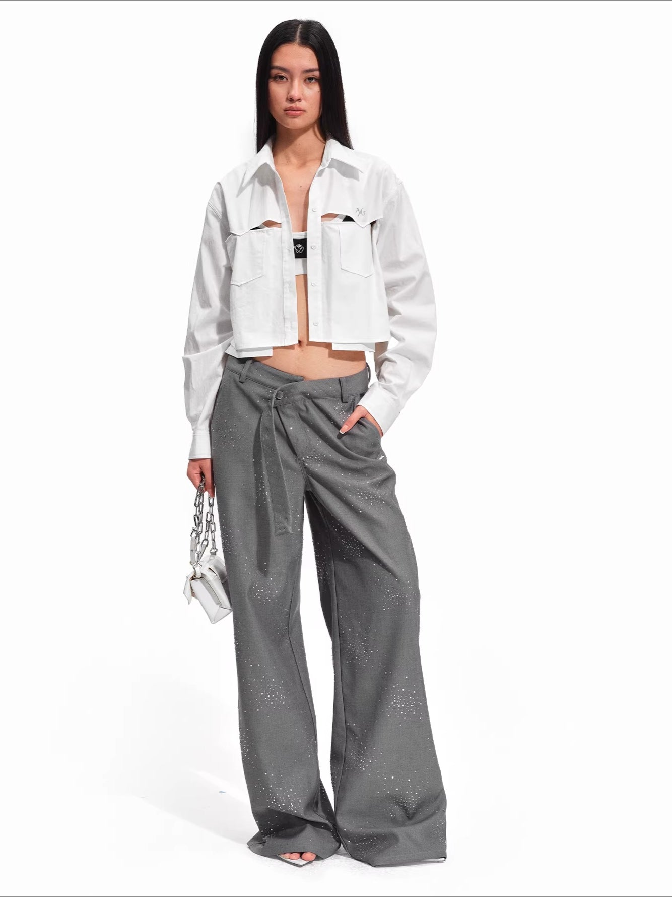 Embellished Low-Rise Wide-Leg Tailored Trousers