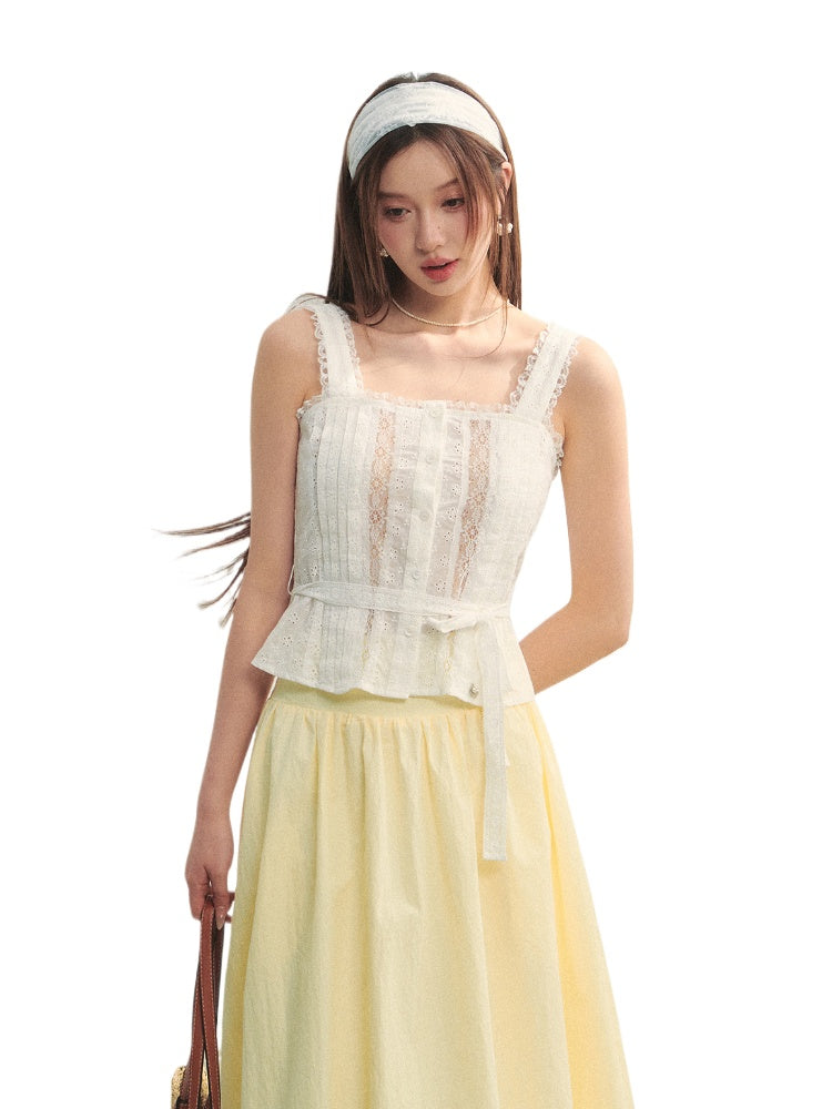 Hollow-out Lace-spliced Tie-up Vest - CHINASQUAD