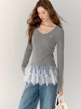Lace-Trimmed Gray V-Neck Long Sleeve Top - CHINASQUAD