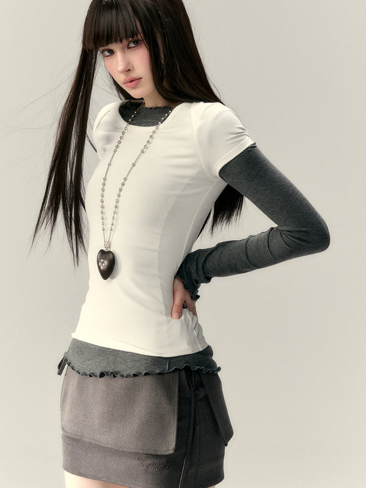 (Final Sale) Faux Two-Piece Tie Waist Denim Skirt - CHINASQUAD
