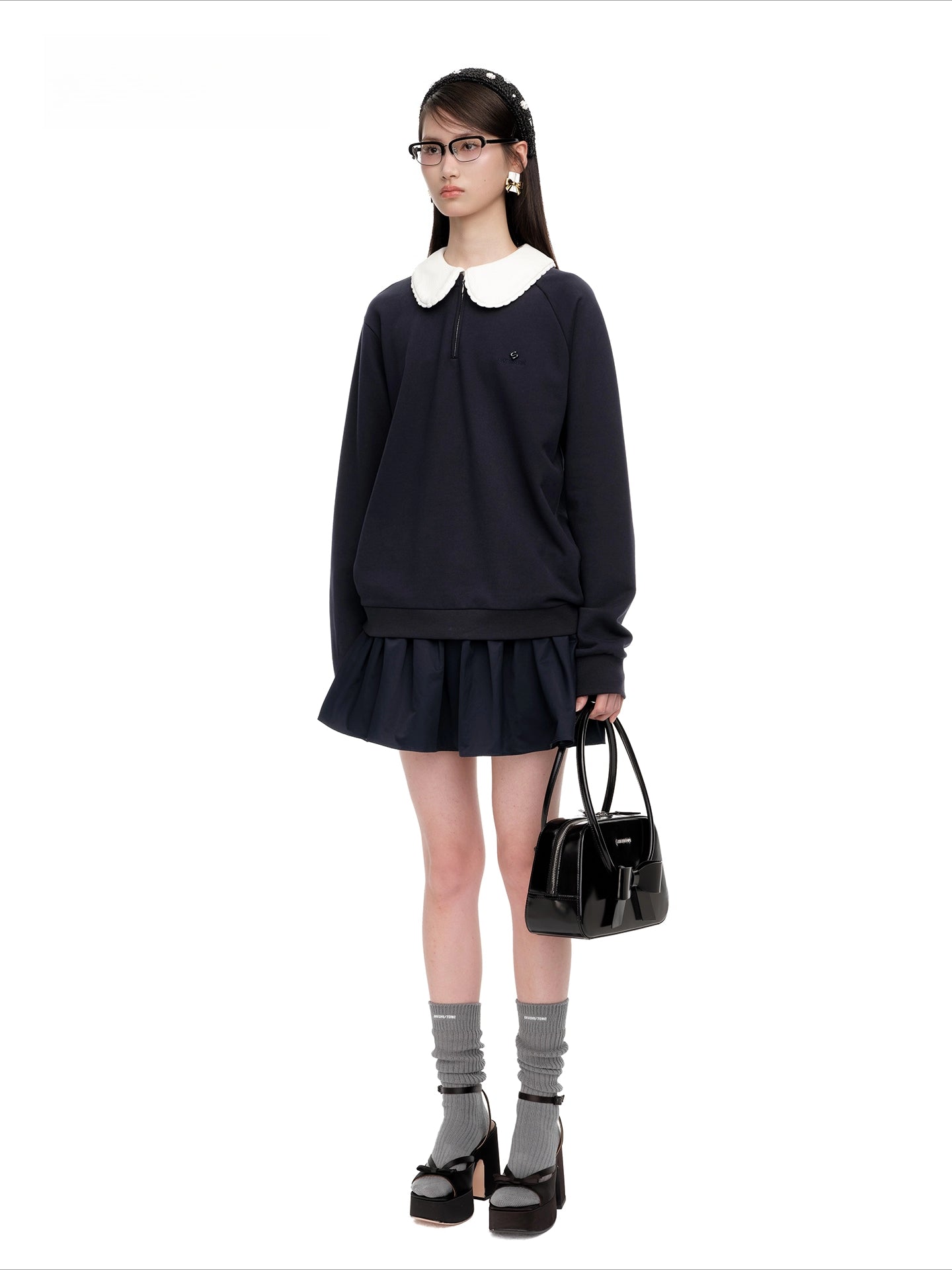 Detachable Collar Cotton-Blend Oversized Sweatshirt - CHINASQUAD