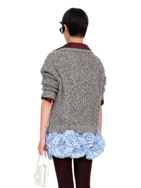Black & Brown Floral Embellished Collared Knit Sweater - CHINASQUAD