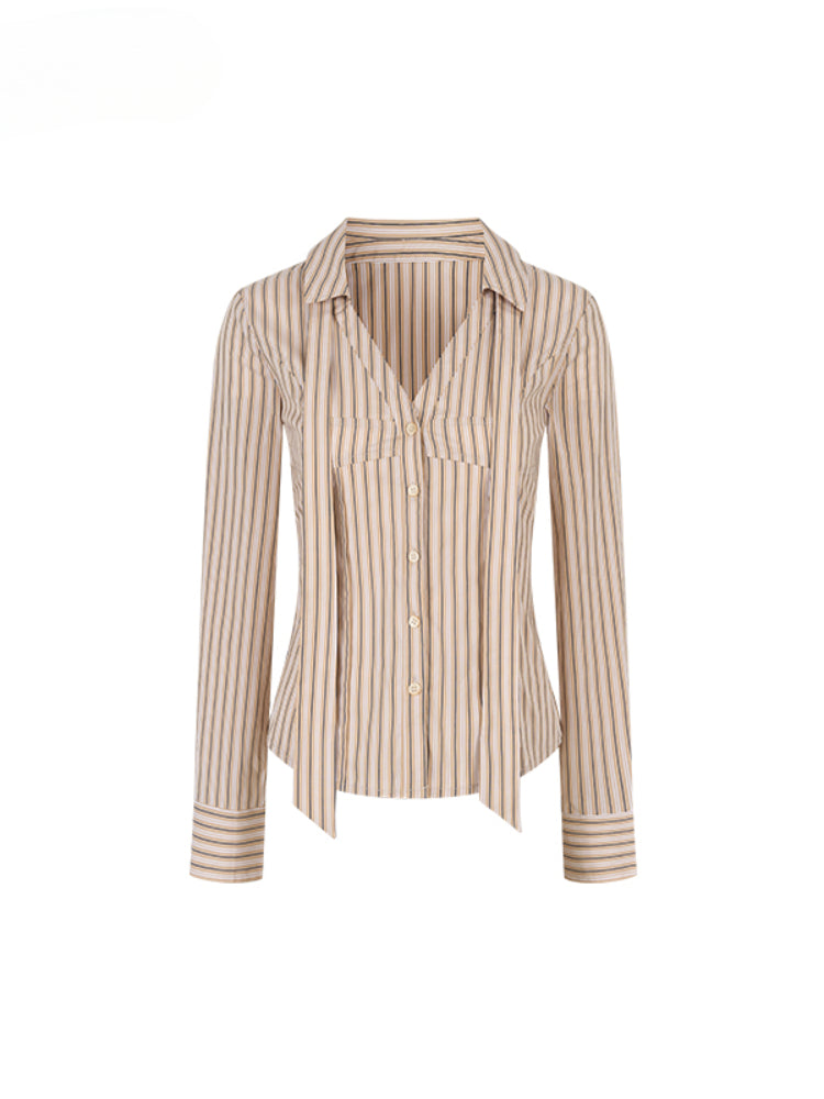 Contrast-colored Collared Waist-cinched Shirt - CHINASQUAD