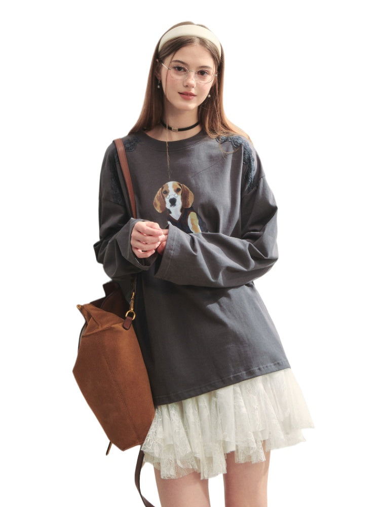 Lace Panel Dog Print Crew Neck Tee - CHINASQUAD