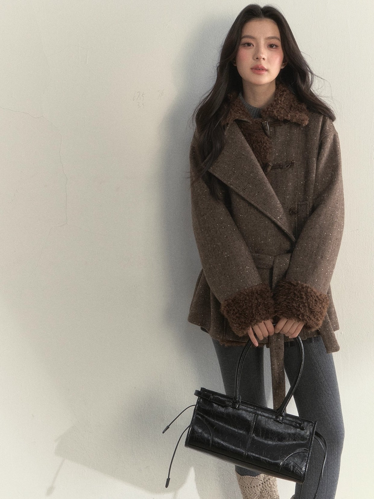 Deep Grey & Brown Wool Blend Fleece-Collar Coat